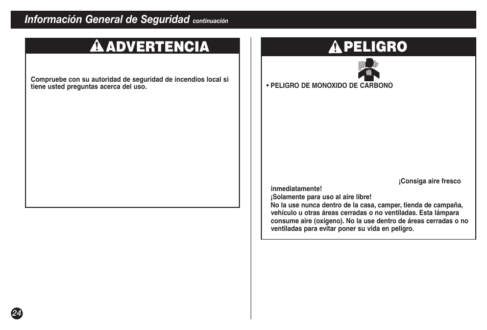 Advertencia, Peligro, Información general de seguridad | Coleman NORTHSTAR 2500A User Manual | Page 24 / 32