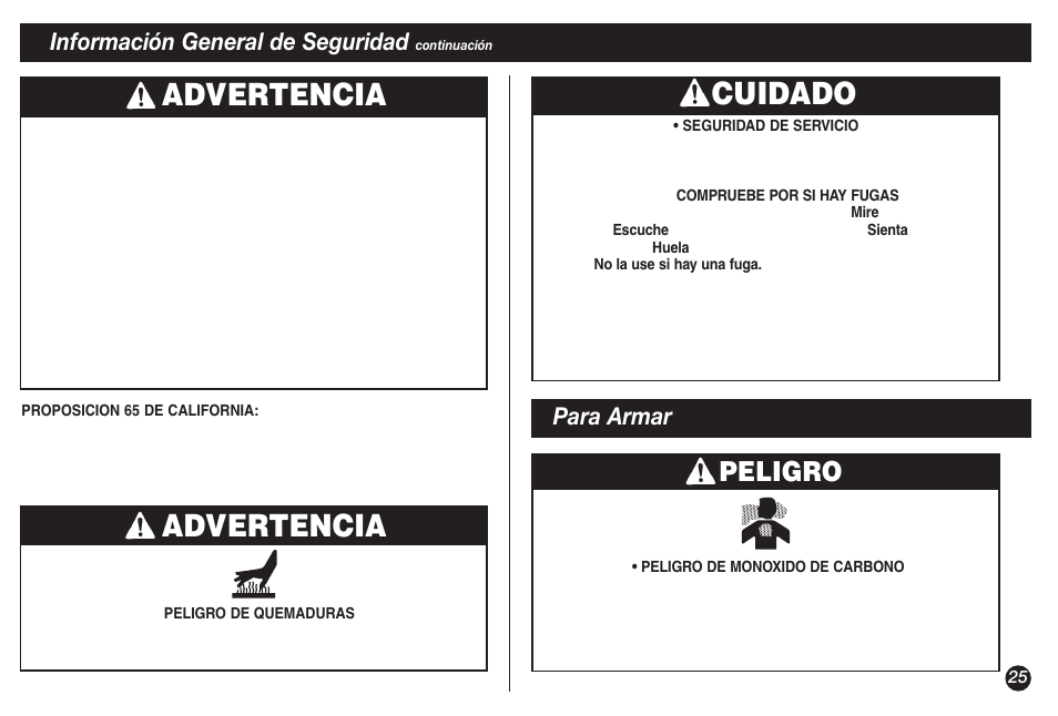 Advertencia, Cuidado advertencia, Peligro | Información general de seguridad, Para armar | Coleman NORTHSTAR 2500A User Manual | Page 25 / 32