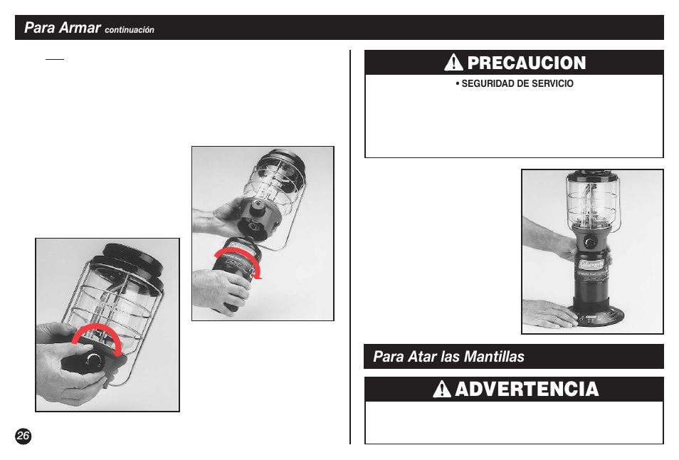 Advertencia, Precaucion, Para armar | Para atar las mantillas | Coleman NORTHSTAR 2500A User Manual | Page 26 / 32