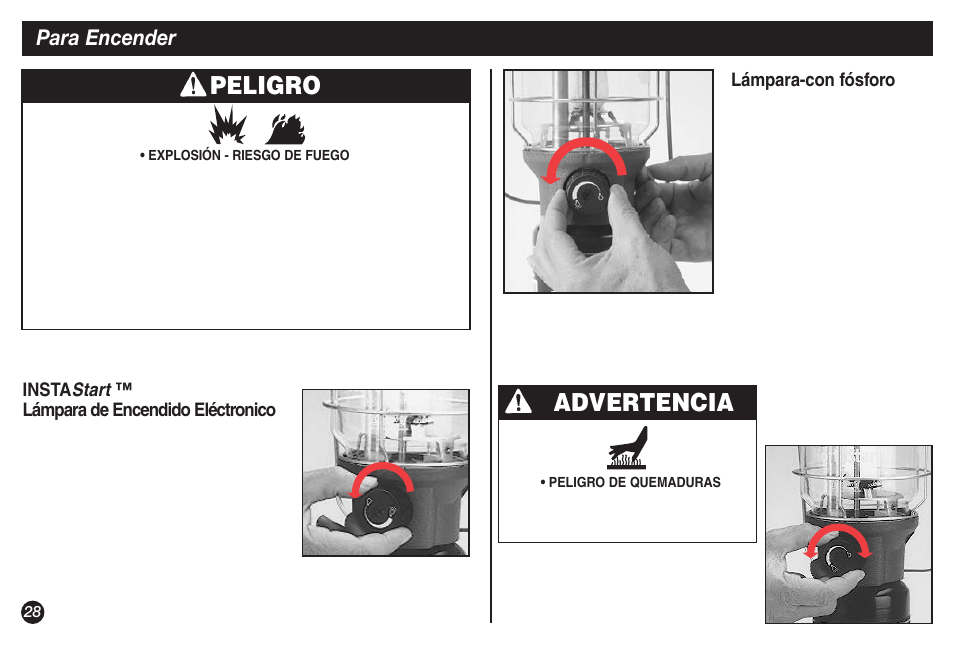 Peligro, Advertencia, Para encender | Start | Coleman NORTHSTAR 2500A User Manual | Page 28 / 32