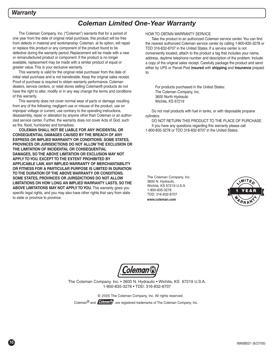 Coleman limited one-year warranty, Warranty | Coleman 9995B Series User Manual | Page 16 / 16