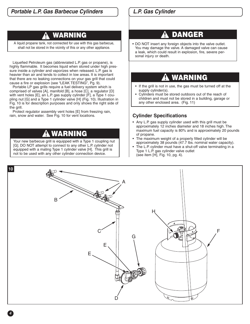 Warning, Danger, Portable l.p. gas barbecue cylinders | L.p. gas cylinder | Coleman 9995B Series User Manual | Page 4 / 16