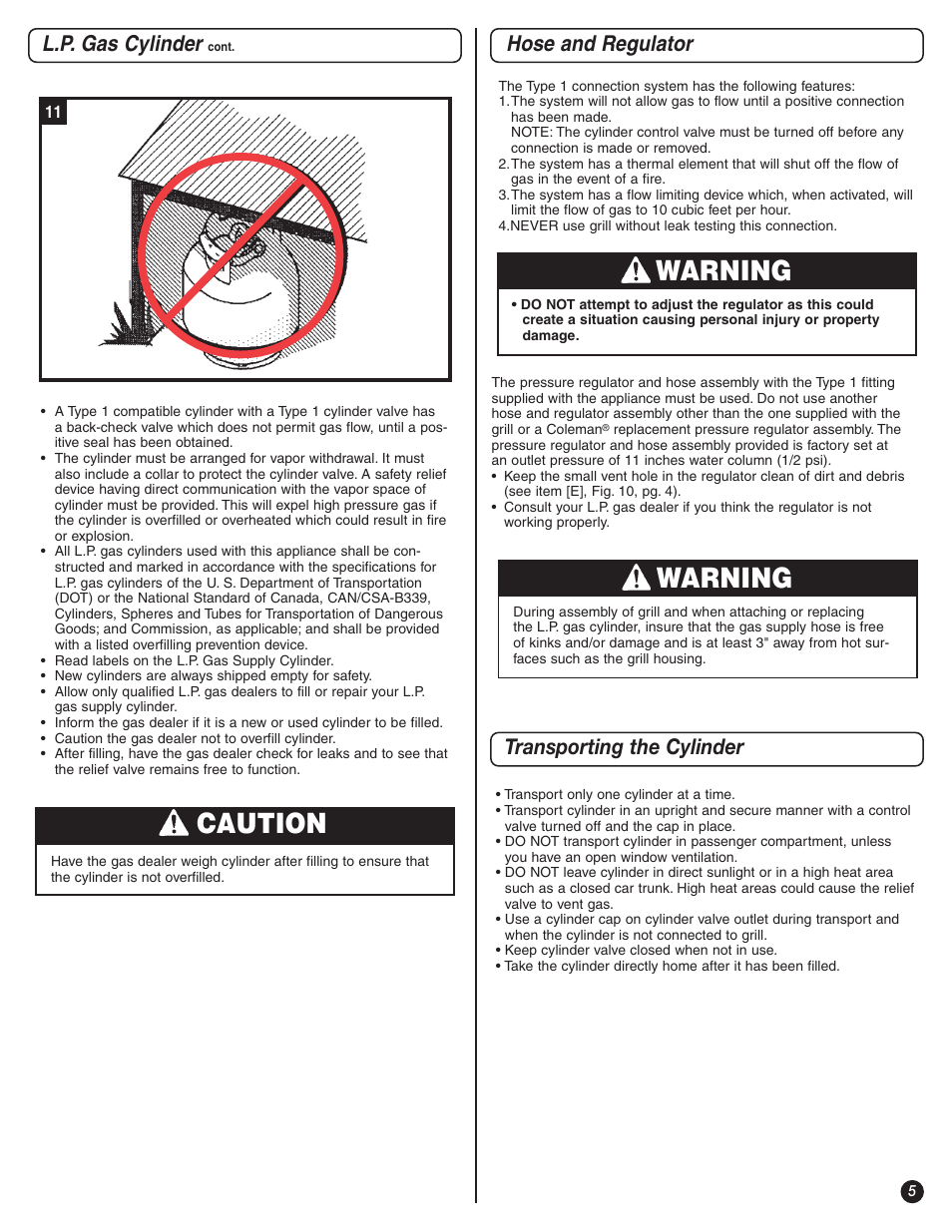 Caution, Warning, L.p. gas cylinder | Hose and regulator, Transporting the cylinder | Coleman 9995B Series User Manual | Page 5 / 16