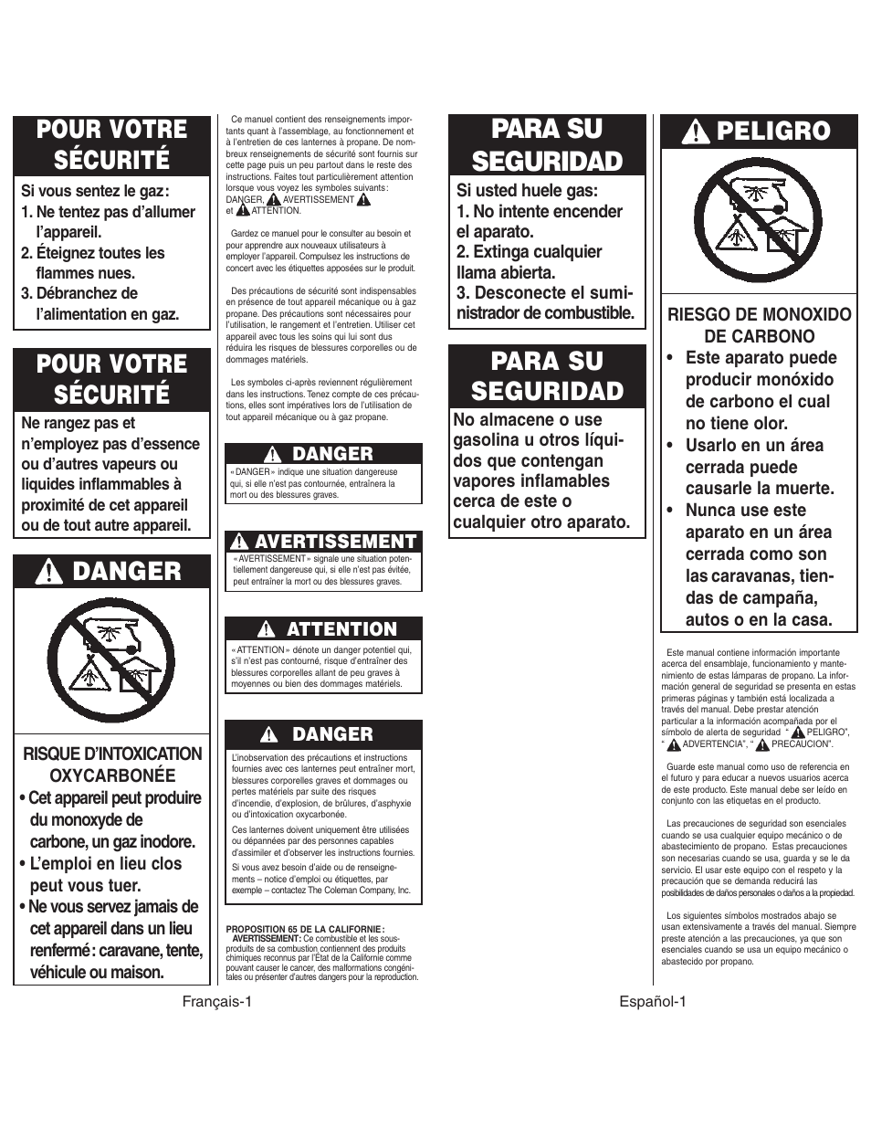 Para su seguridad, Peligro, Pour votre sécurité | Danger | Coleman NORTHSTAR 2500C User Manual | Page 10 / 14