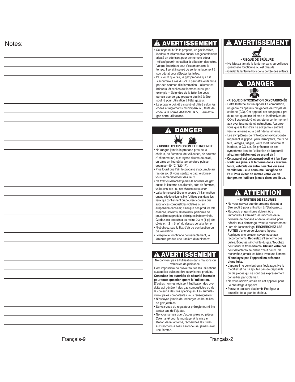 Avertissement, Danger, Attention | Avertissement danger avertissement, Français-9, Français-2 | Coleman NORTHSTAR 2500C User Manual | Page 11 / 14