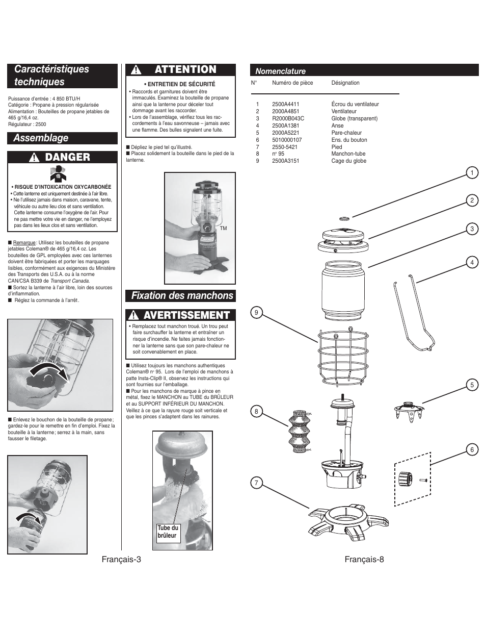 Caractéristiques techniques, Danger, Assemblage | Fixation des manchons, Attention, Avertissement, Français-8 nomenclature, Français-3 | Coleman NORTHSTAR 2500C User Manual | Page 12 / 14