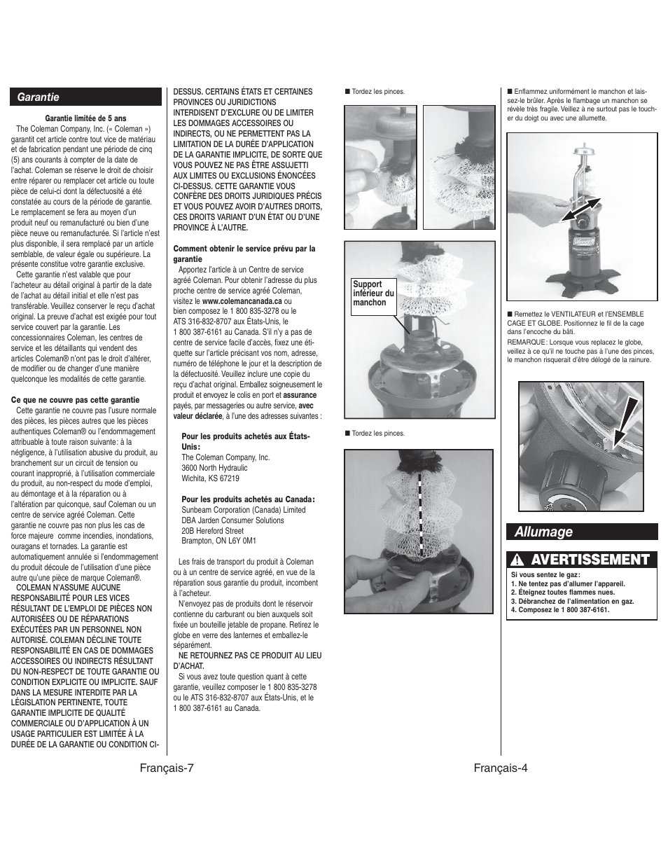 Allumage avertissement, Français-7 garantie, Français-4 | Coleman NORTHSTAR 2500C User Manual | Page 13 / 14