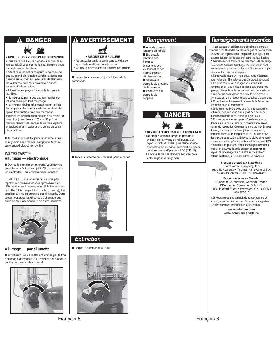 Renseignements essentiels, Danger, Rangement | Extinction, Avertissement, Français-6, Français-5 | Coleman NORTHSTAR 2500C User Manual | Page 14 / 14