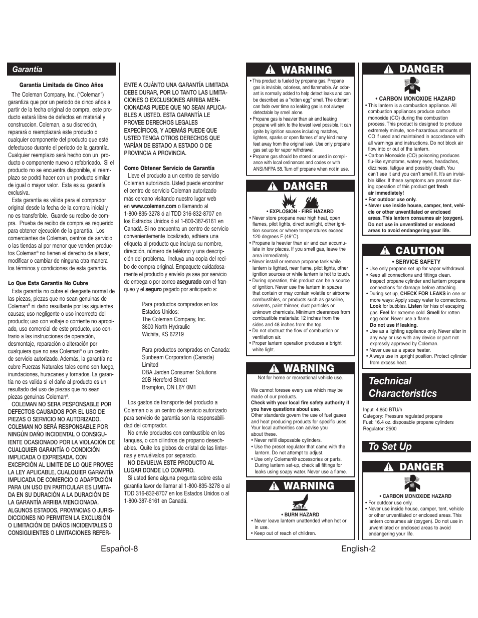 Warning, Danger, Caution | Warning danger warning, Garantia, Español-8 english-2 | Coleman NORTHSTAR 2500C User Manual | Page 3 / 14