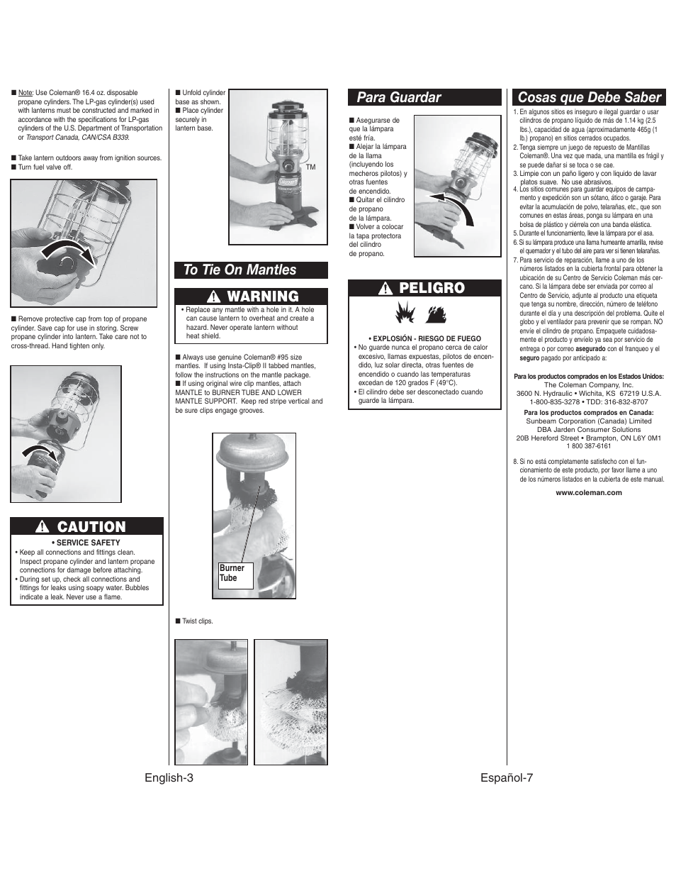 Peligro, Cosas que debe saber, Para guardar | Caution, Warning, Español-7, English-3 | Coleman NORTHSTAR 2500C User Manual | Page 4 / 14