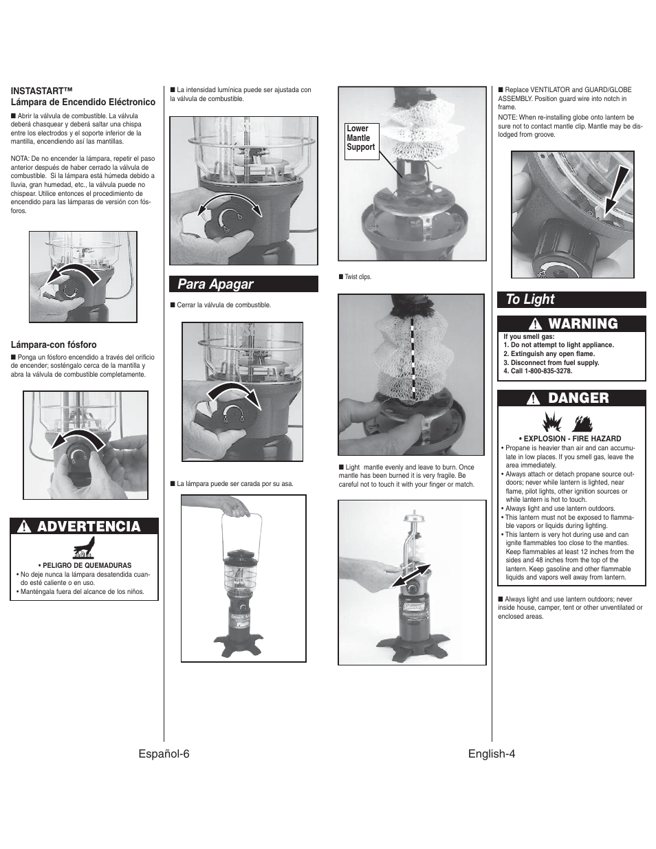 Para apagar, Advertencia, Danger | Warning, Español-6, English-4 | Coleman NORTHSTAR 2500C User Manual | Page 5 / 14