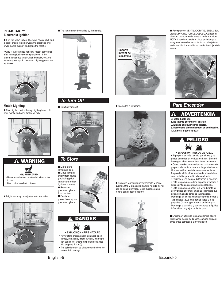 Para encender, Advertencia, Peligro | Warning | Coleman NORTHSTAR 2500C User Manual | Page 6 / 14