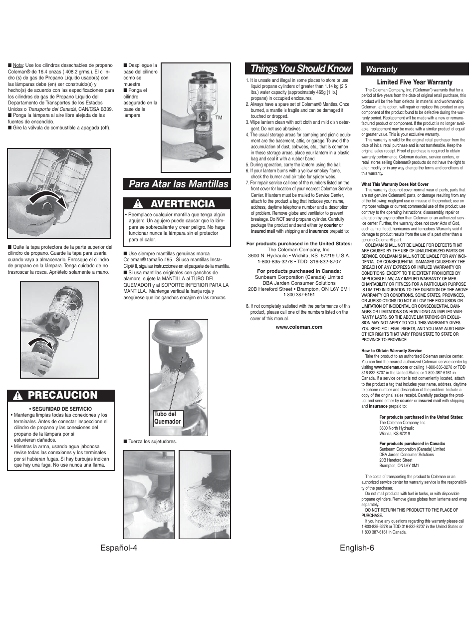 Para atar las mantillas, Precaucion, Avertencia | Things you should know, Español-4, English-6 warranty | Coleman NORTHSTAR 2500C User Manual | Page 7 / 14