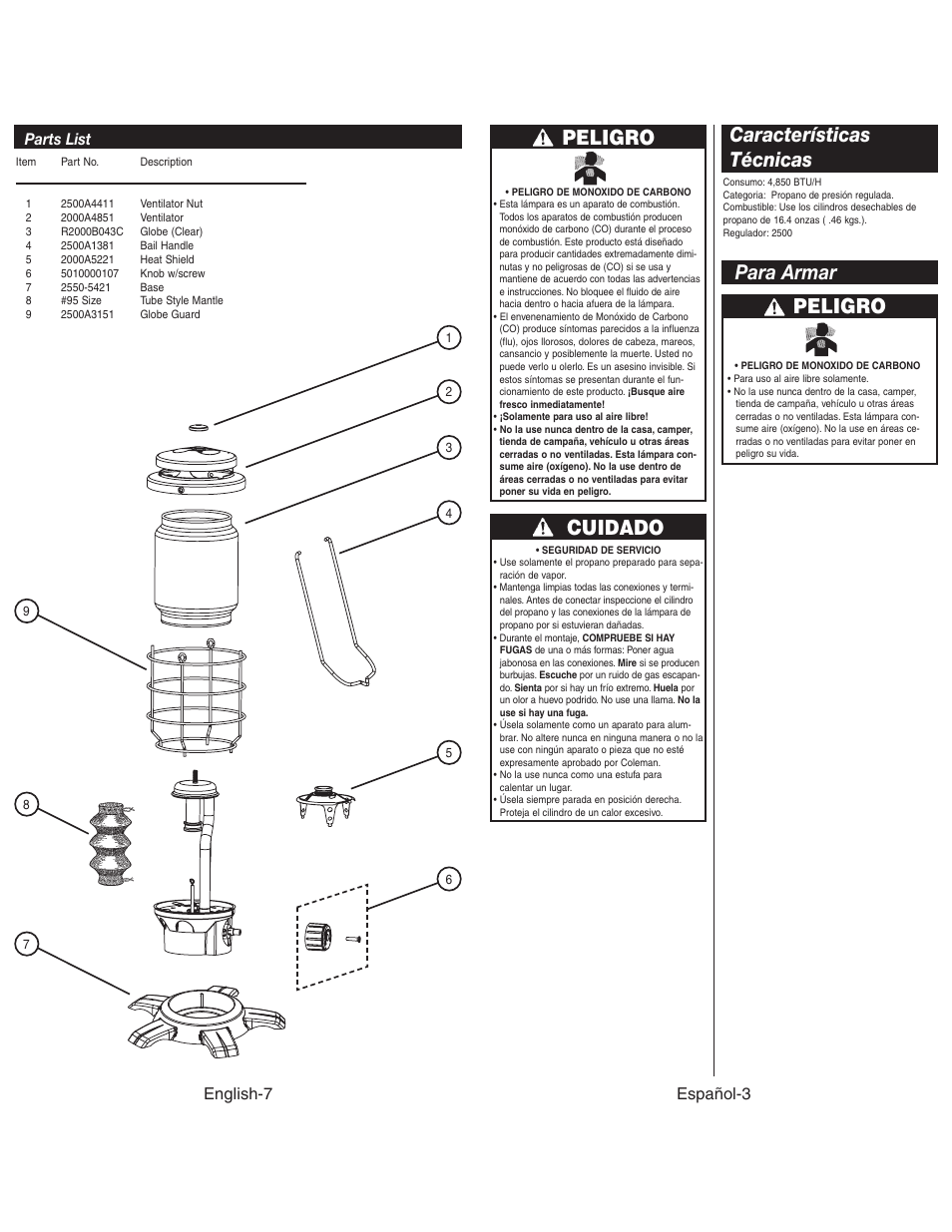 Peligro, Cuidado, Características técnicas para armar | Español-3, English-7 parts list | Coleman NORTHSTAR 2500C User Manual | Page 8 / 14