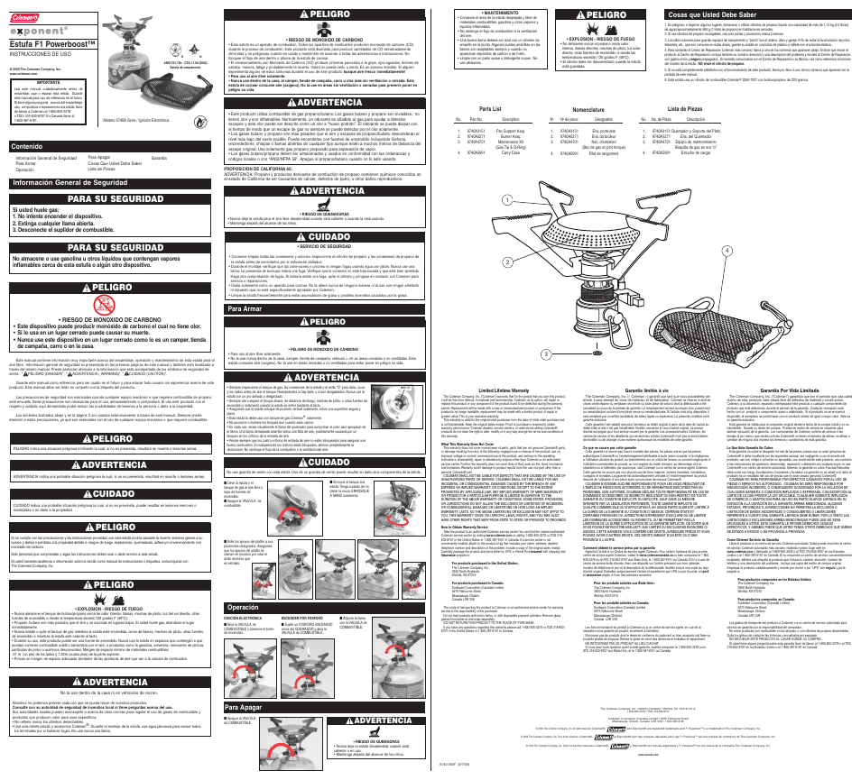 Estufa f1 powerboost, Advertencia, Para su seguridad | Para su seguridad peligro, Cuidado, Peligro, Peligro advertencia | Coleman 9740A Series User Manual | Page 2 / 2