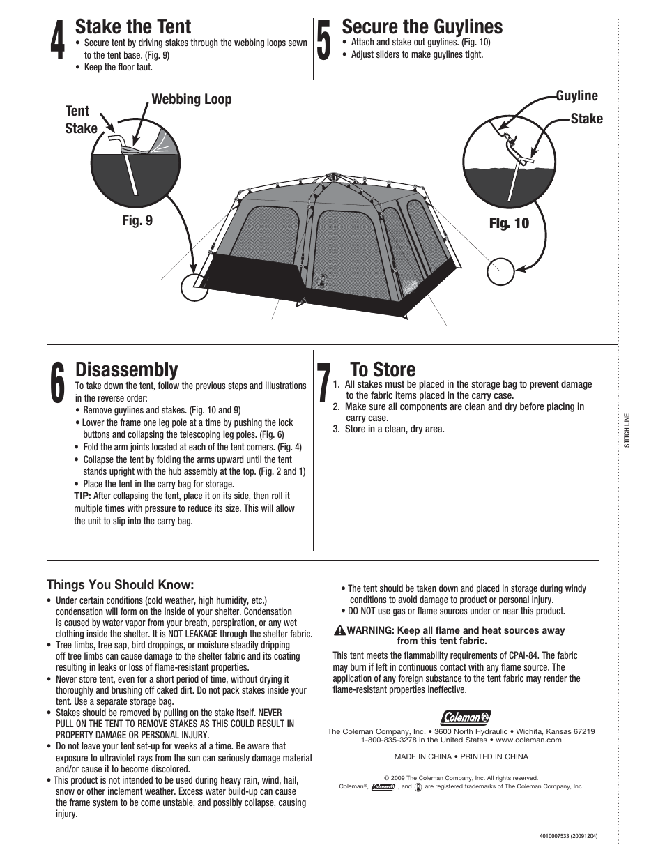 Disassembly, Secure the guylines, Stake the tent | Coleman 2000005512 User Manual | Page 2 / 2