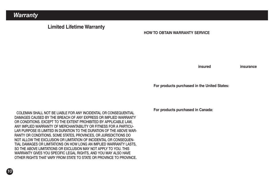 Warranty, Limited lifetime warranty | Coleman 9921B User Manual | Page 10 / 32