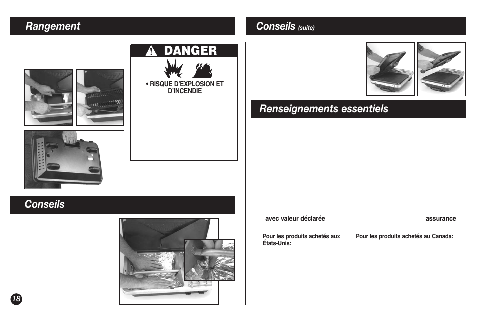 Danger, Conseils, Rangement | Renseignements essentiels | Coleman 9921B User Manual | Page 18 / 32