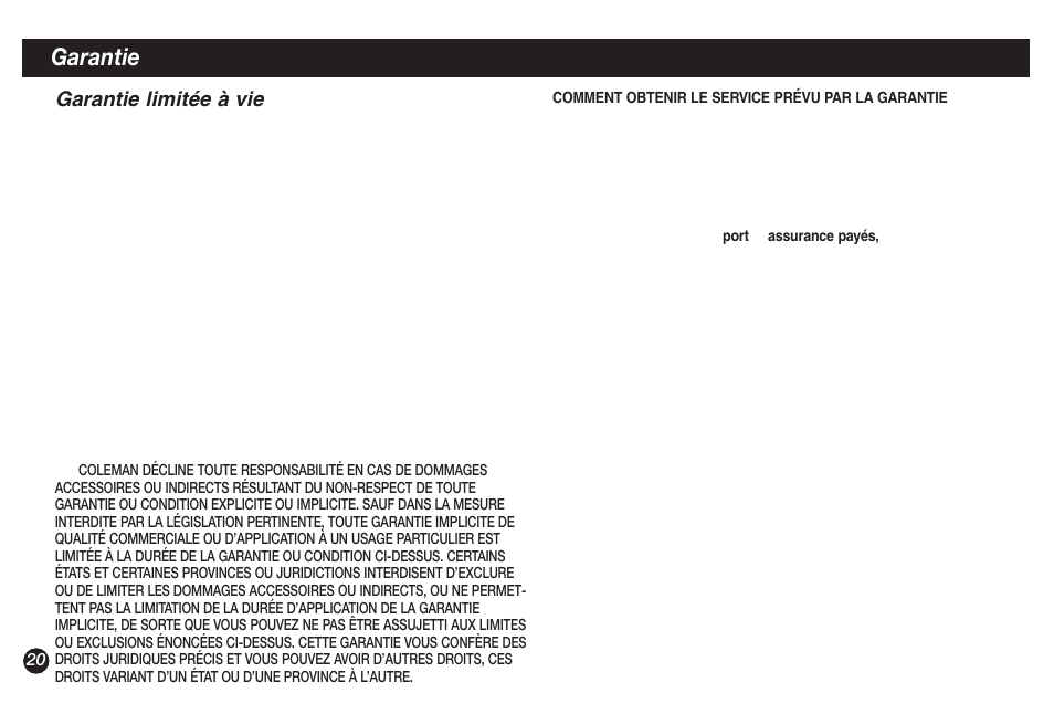 Garantie, Garantie limitée à vie | Coleman 9921B User Manual | Page 20 / 32