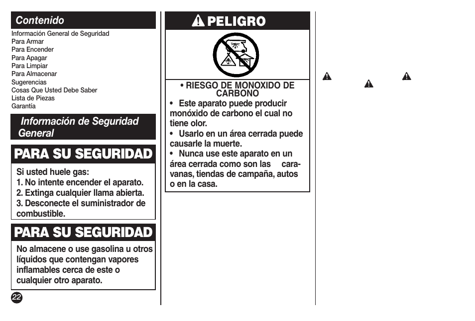 Para su seguridad, Peligro | Coleman 9921B User Manual | Page 22 / 32