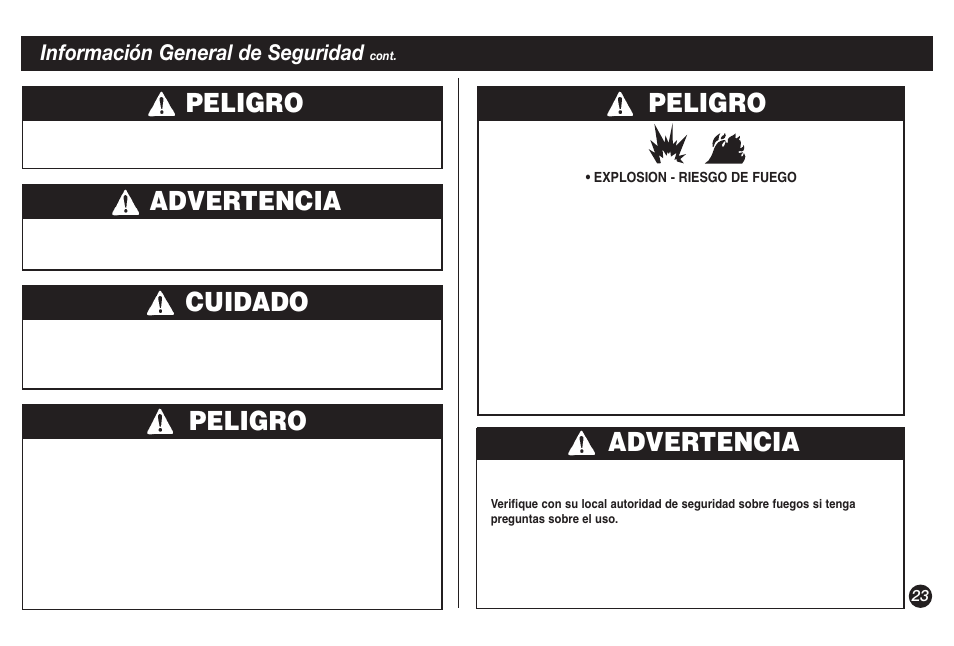 Peligro, Advertencia, Cuidado | Información general de seguridad | Coleman 9921B User Manual | Page 23 / 32