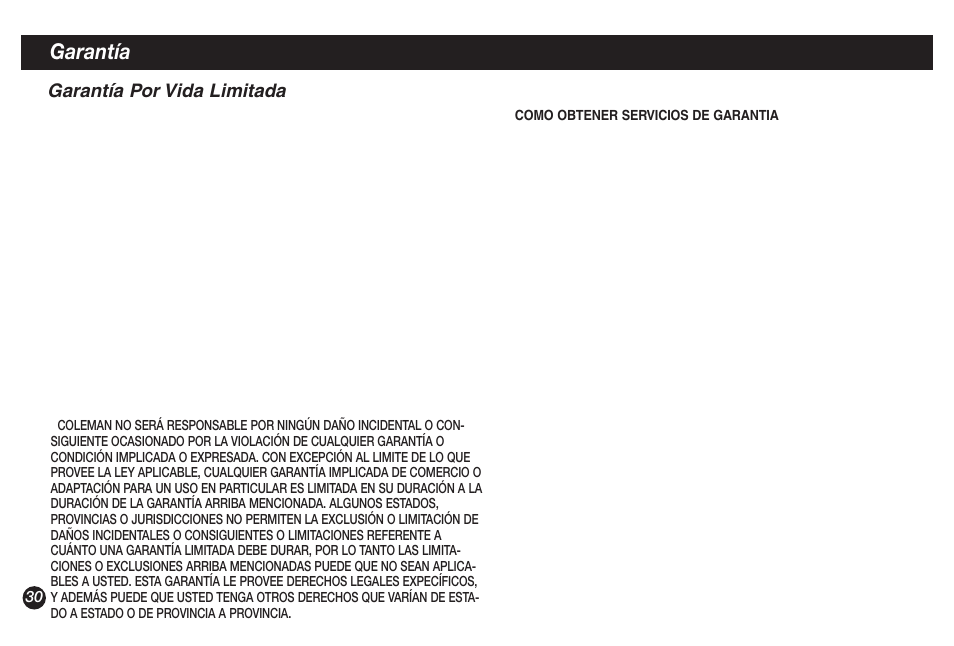 Garantía, Garantía por vida limitada | Coleman 9921B User Manual | Page 30 / 32