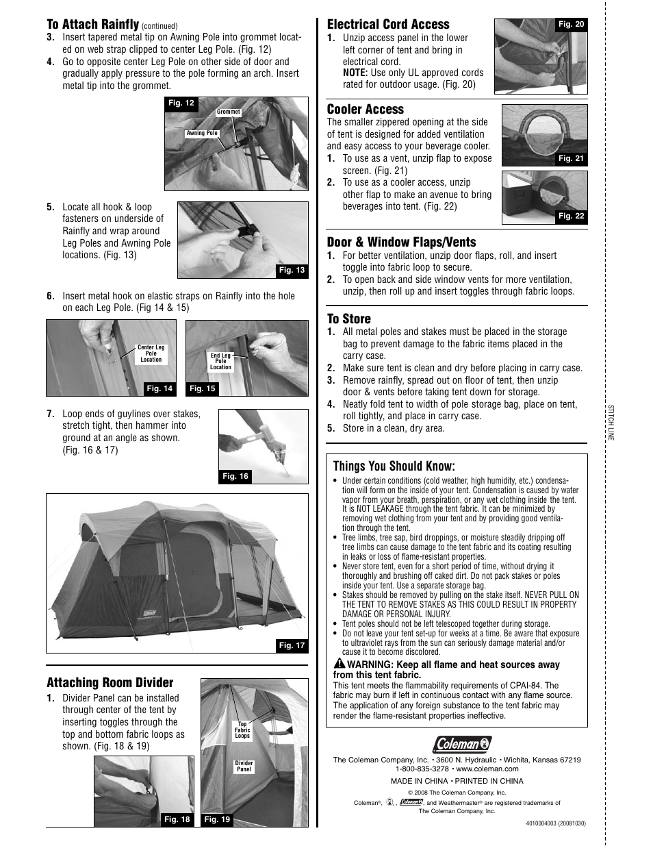 Cooler access, Attaching room divider, Electrical cord access | Door & window flaps/vents, Things you should know | Coleman WEATHERMASTER 2000001595 User Manual | Page 2 / 2