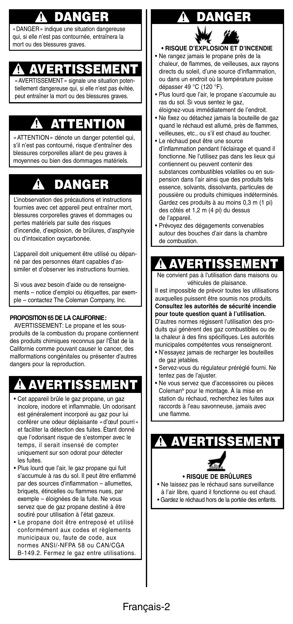 Avertissement danger, Avertissement, Danger | Attention, Français-2 | Coleman 5444 Series User Manual | Page 10 / 28