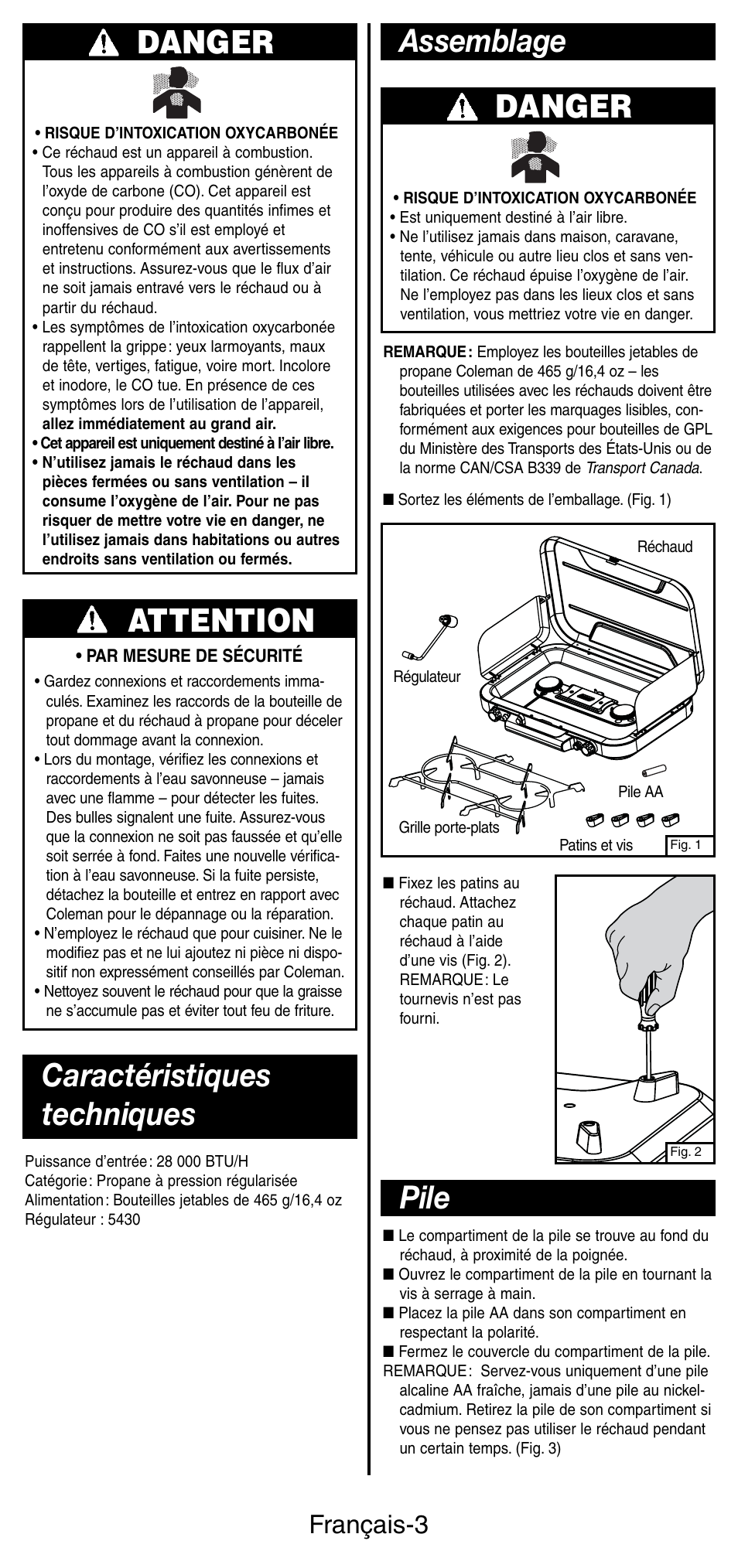 Danger, Attention, Assemblage caractéristiques techniques | Pile, Français-3 | Coleman 5444 Series User Manual | Page 11 / 28