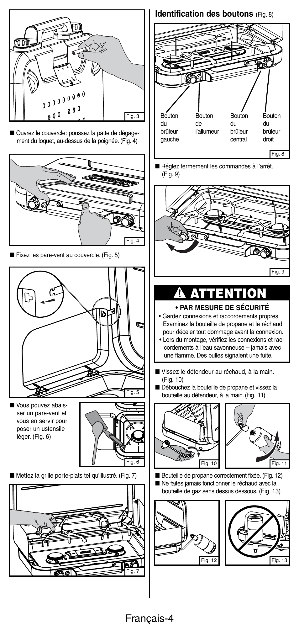 Attention, Français-4, Identification des boutons | Coleman 5444 Series User Manual | Page 12 / 28