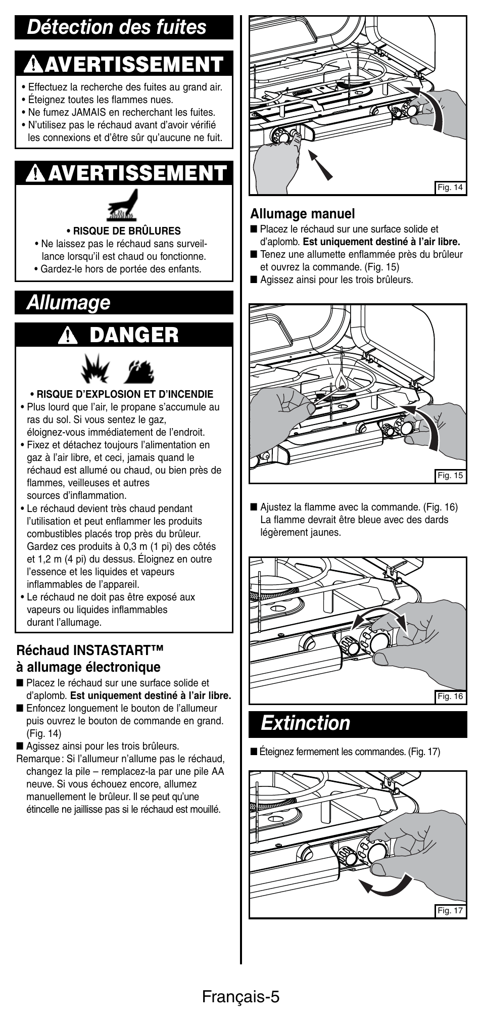 Extinction, Allumage avertissement, Détection des fuites danger | Avertissement, Français-5, Réchaud instastart™ à allumage électronique, Allumage manuel | Coleman 5444 Series User Manual | Page 13 / 28