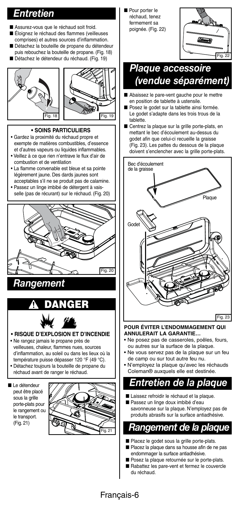 Danger, Rangement entretien, Entretien de la plaque | Français-6 | Coleman 5444 Series User Manual | Page 14 / 28