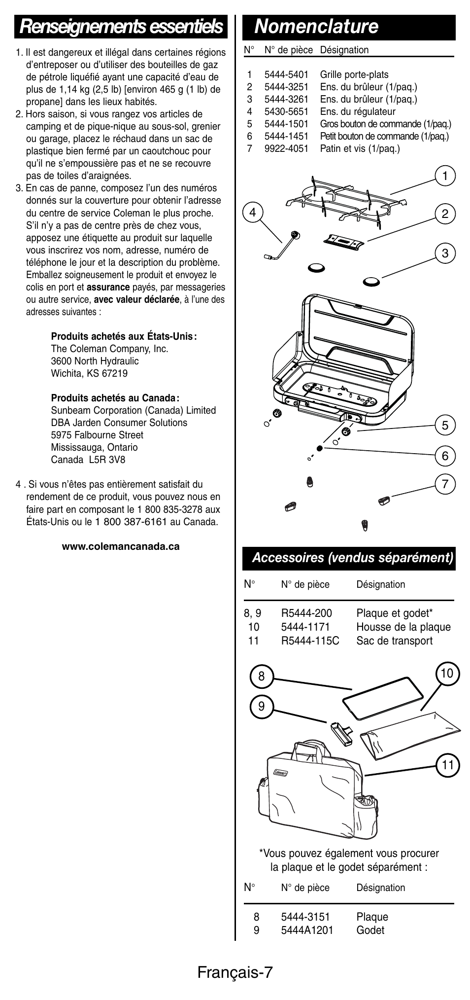 Renseignements essentiels, Nomenclature, Français-7 | Accessoires (vendus séparément) | Coleman 5444 Series User Manual | Page 15 / 28