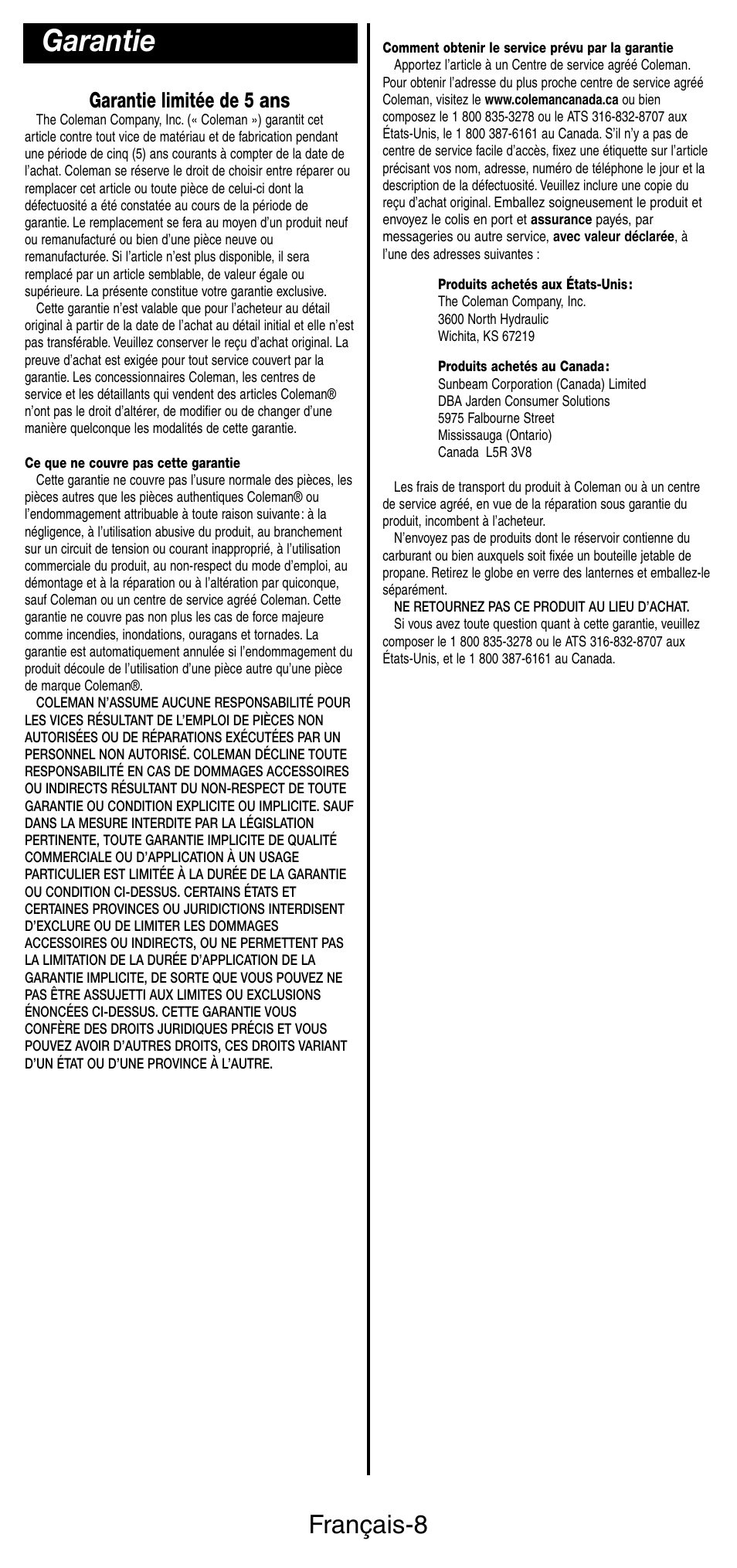Garantie, Français-8, Garantie limitée de 5 ans | Coleman 5444 Series User Manual | Page 16 / 28