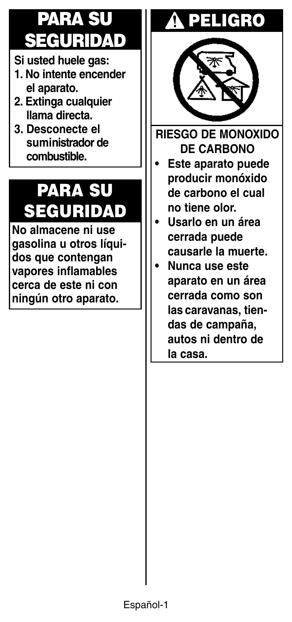 Para su seguridad, Peligro | Coleman 5444 Series User Manual | Page 17 / 28