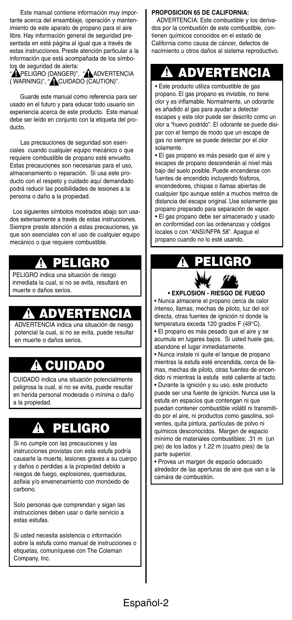 Peligro, Cuidado, Advertencia | Advertencia peligro, Español-2 | Coleman 5444 Series User Manual | Page 18 / 28