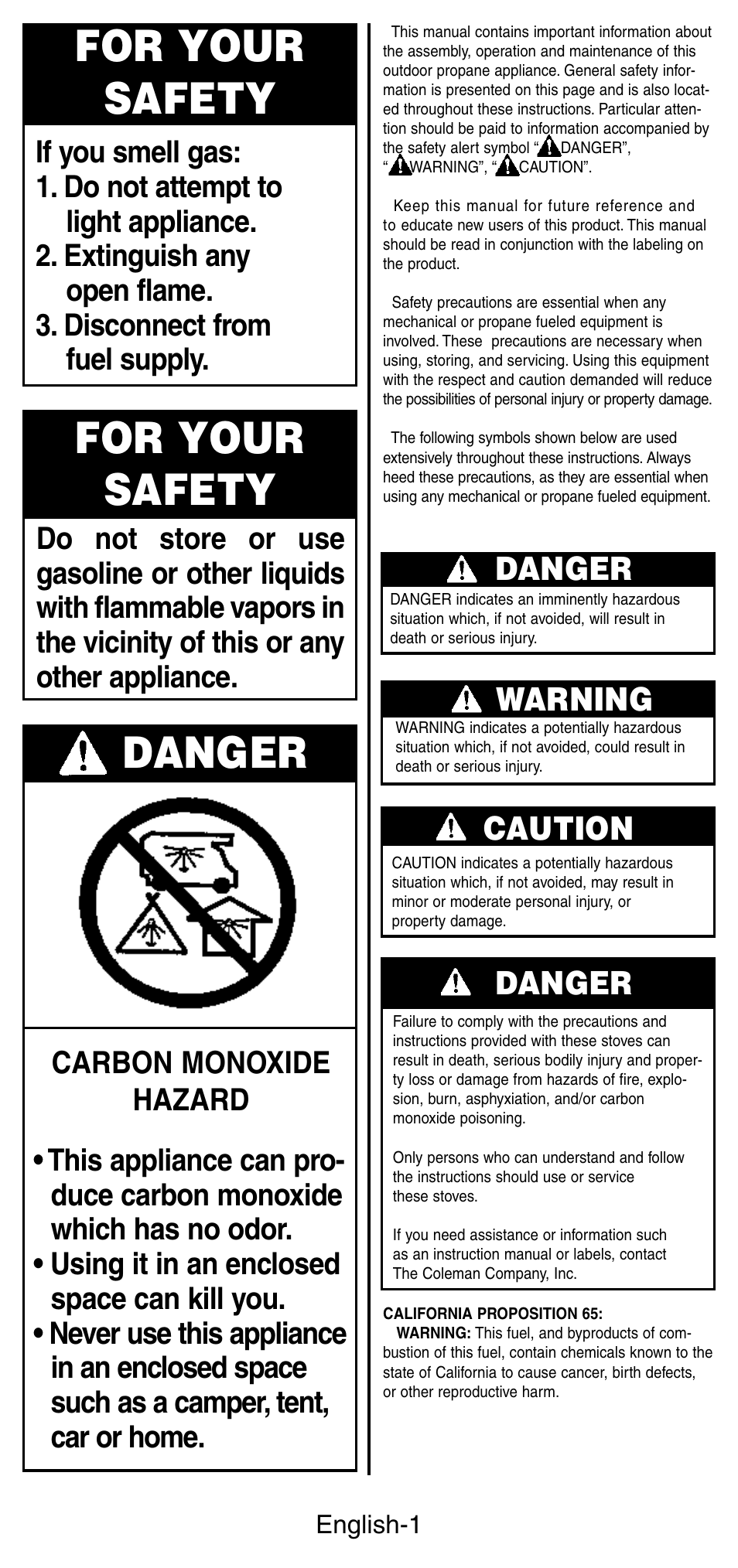 For your safety, Danger, Warning | Caution | Coleman 5444 Series User Manual | Page 2 / 28