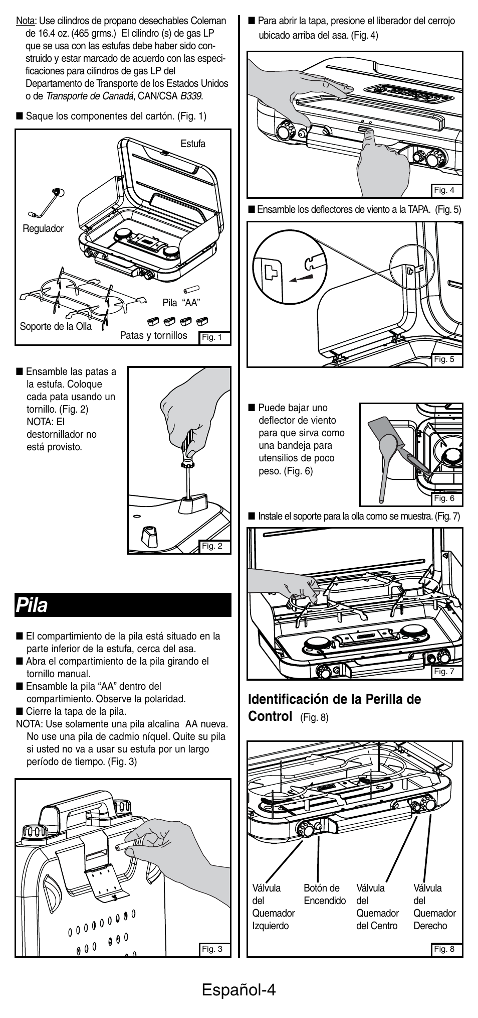 Pila, Español-4, Identificación de la perilla de control | Coleman 5444 Series User Manual | Page 20 / 28