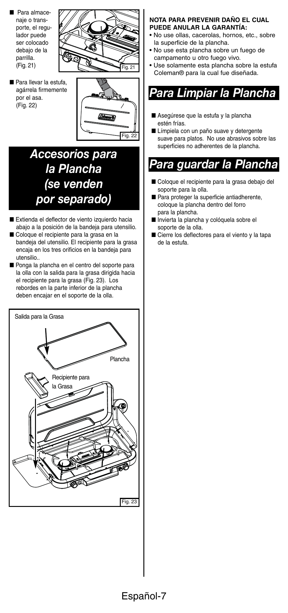 Para limpiar la plancha, Español-7 | Coleman 5444 Series User Manual | Page 23 / 28