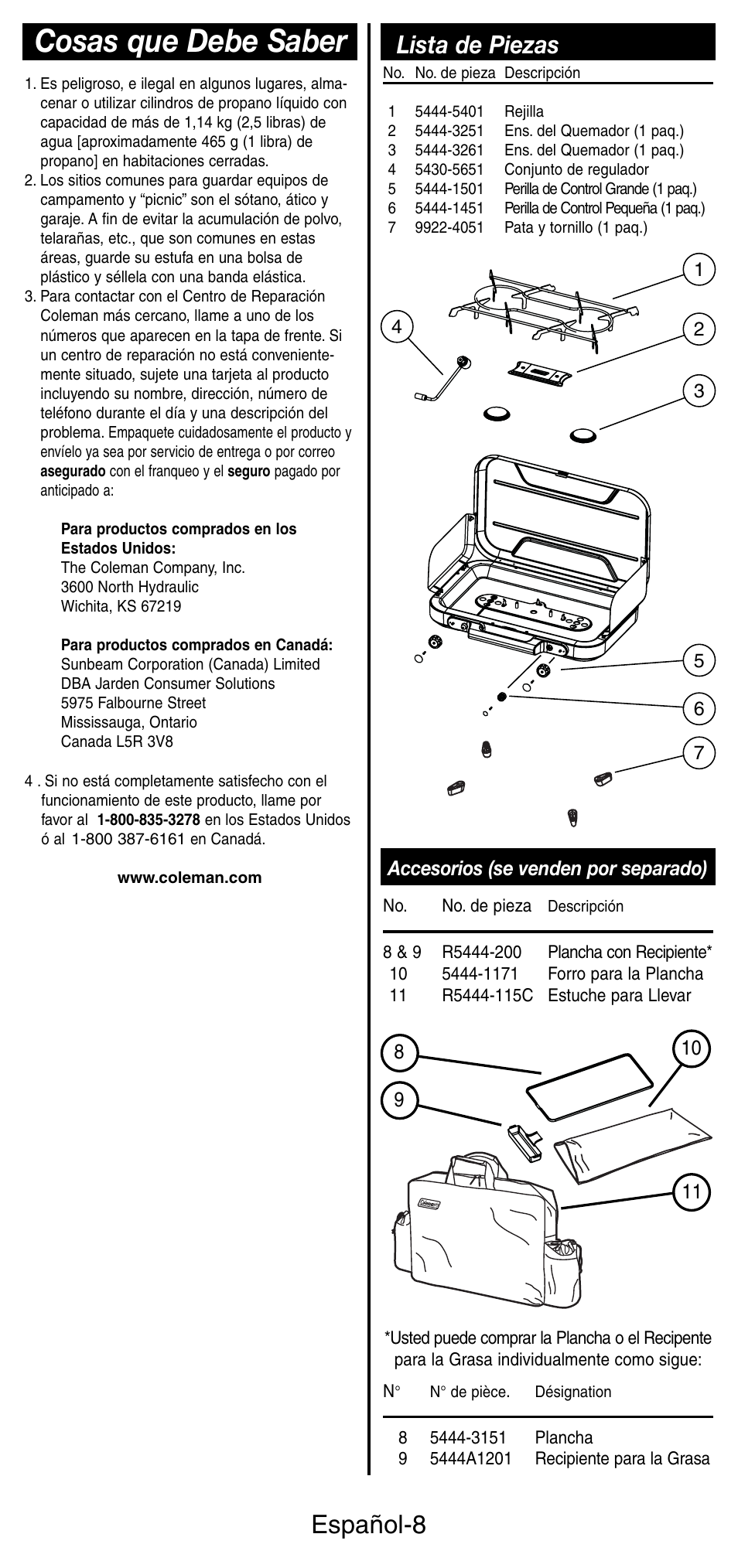 Cosas que debe saber, Español-8, Lista de piezas | Accesorios (se venden por separado) | Coleman 5444 Series User Manual | Page 24 / 28