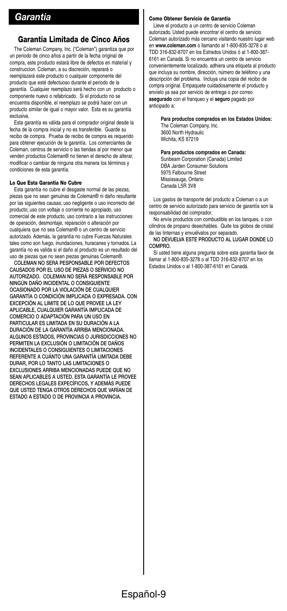 Español-9, Garantia, Garantía limitada de cinco años | Coleman 5444 Series User Manual | Page 25 / 28