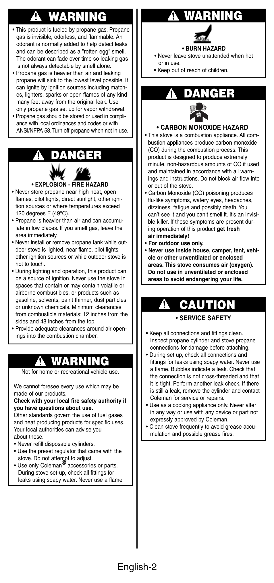 Warning danger, Warning, Danger | Caution, English-2 | Coleman 5444 Series User Manual | Page 3 / 28