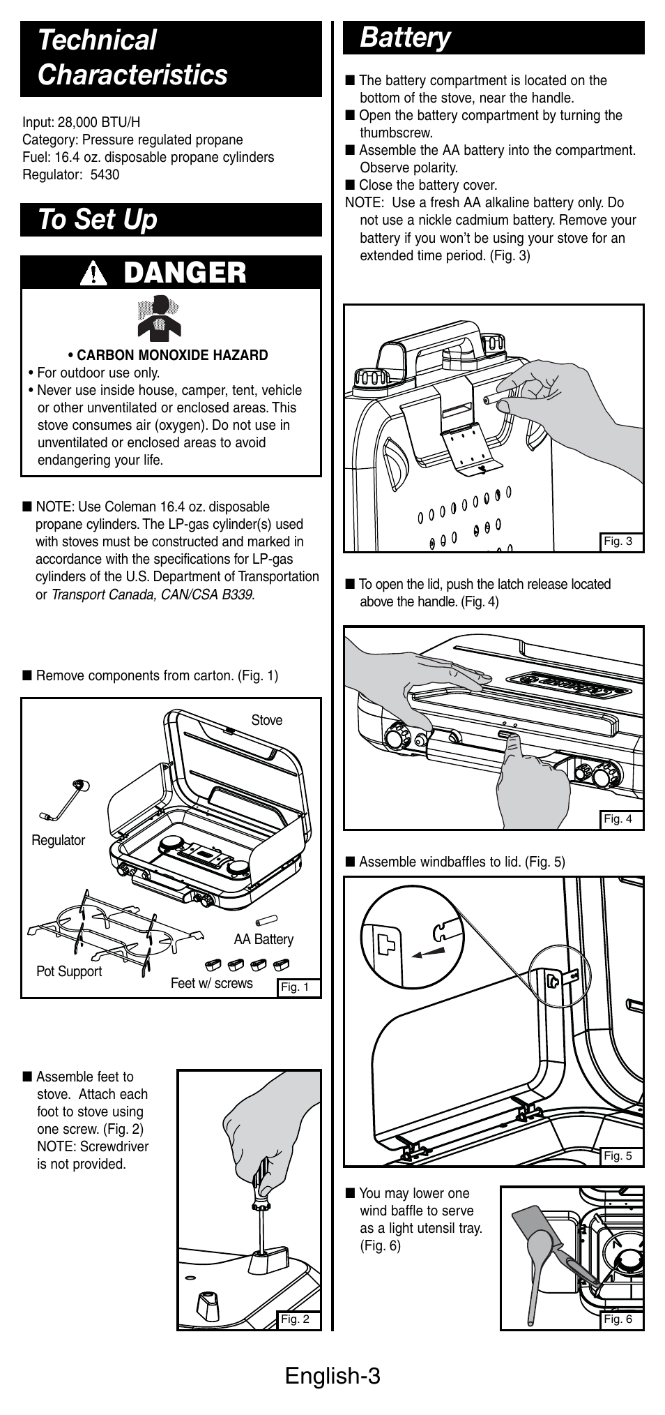 Danger, Battery, English-3 | Coleman 5444 Series User Manual | Page 4 / 28
