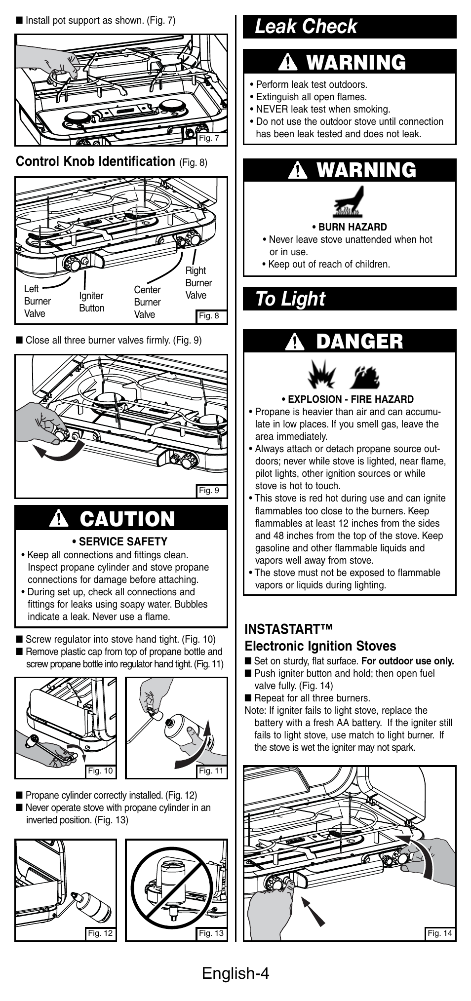 Warning, Leak check warning, Caution | English-4, Instastart™ electronic ignition stoves, Control knob identification | Coleman 5444 Series User Manual | Page 5 / 28