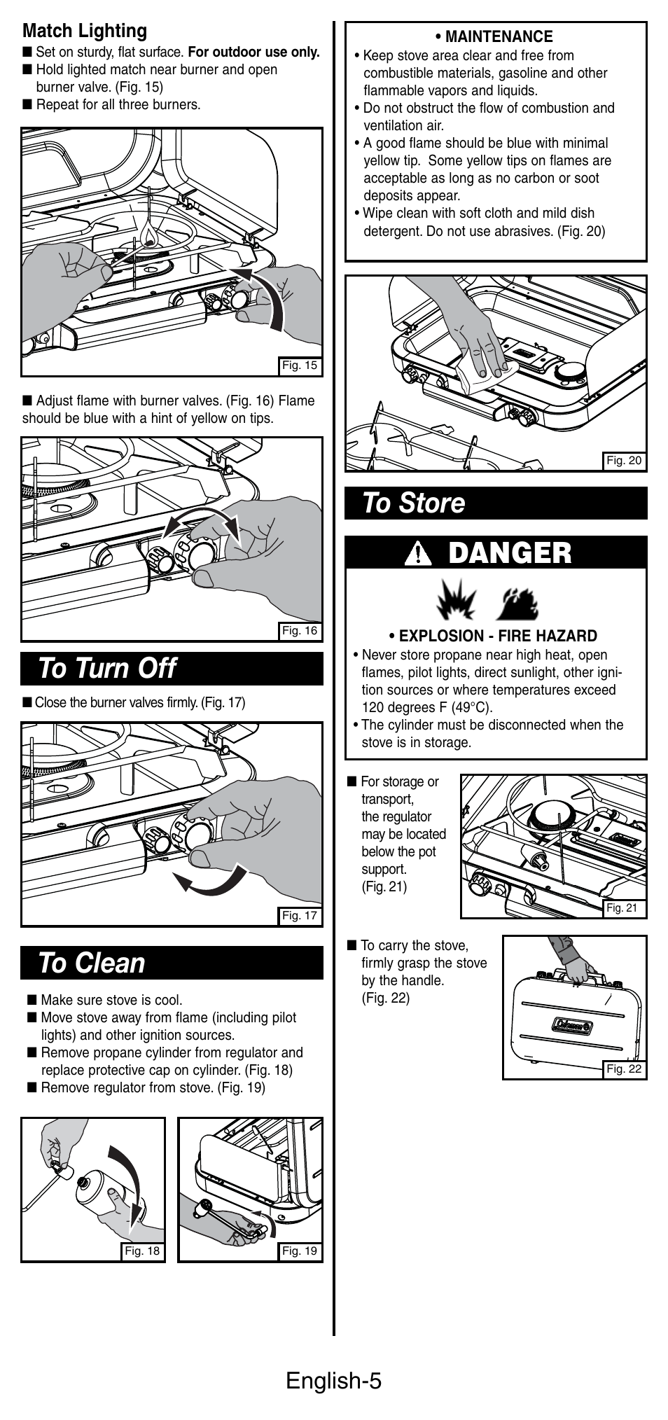 Danger, English-5, Match lighting | Coleman 5444 Series User Manual | Page 6 / 28
