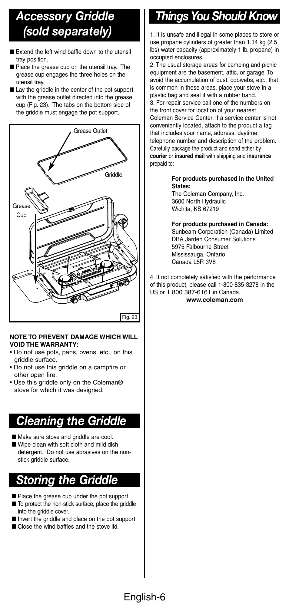 Things you should know, Accessory griddle (sold separately), Storing the griddle | Cleaning the griddle, English-6 | Coleman 5444 Series User Manual | Page 7 / 28