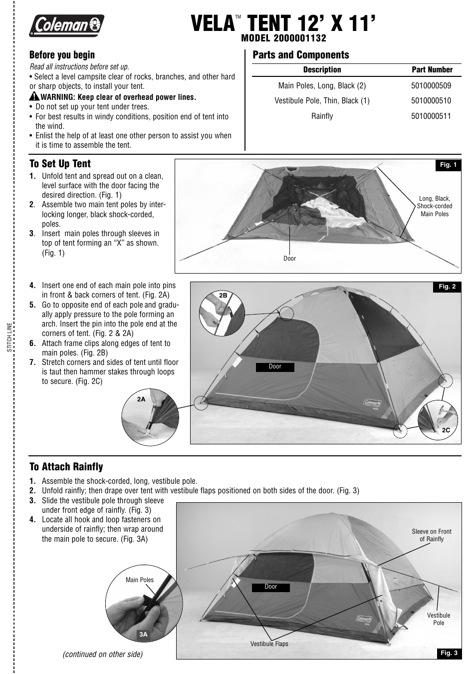 Coleman VELA 2000001132 User Manual | 2 pages