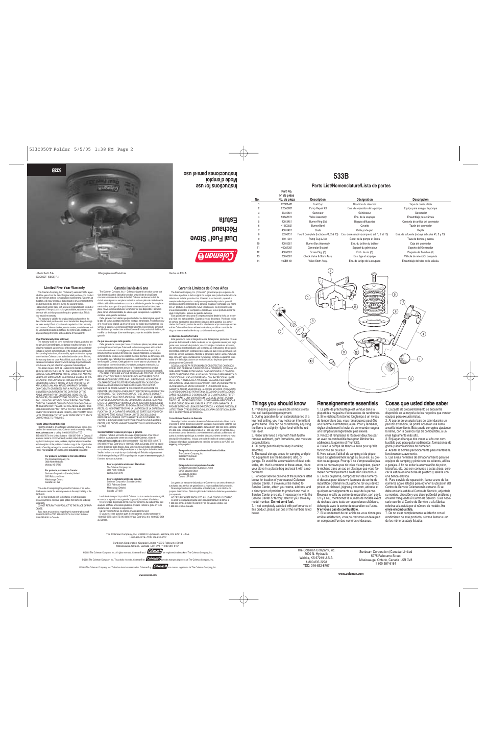 Coleman 533B User Manual | 2 pages