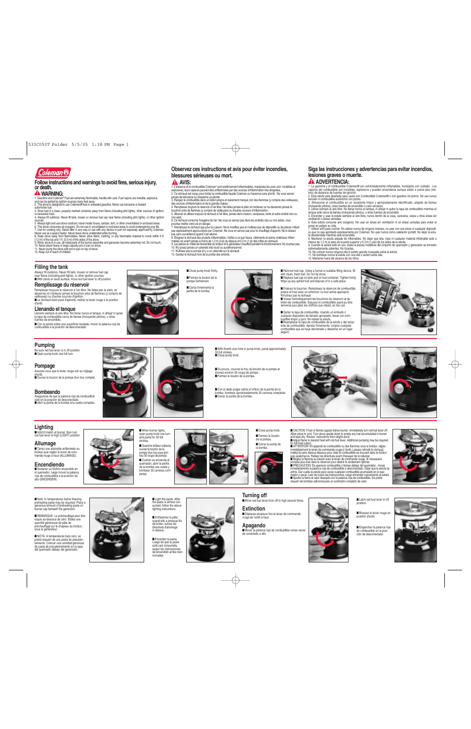 Filling the tank, Remplissage du réservoir, Llenando el tanque | Pumping, Pompage, Bombeando, Lighting, Allumage, Encendiendo, Turning off | Coleman 533B User Manual | Page 2 / 2