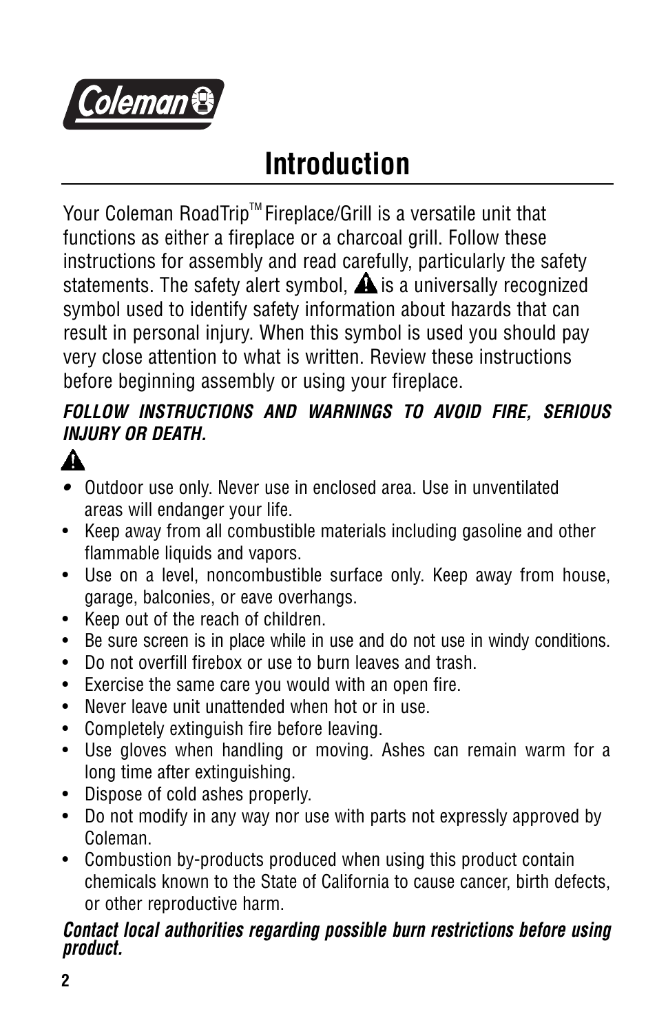 Introduction, Warning | Coleman 5065-705 User Manual | Page 2 / 12